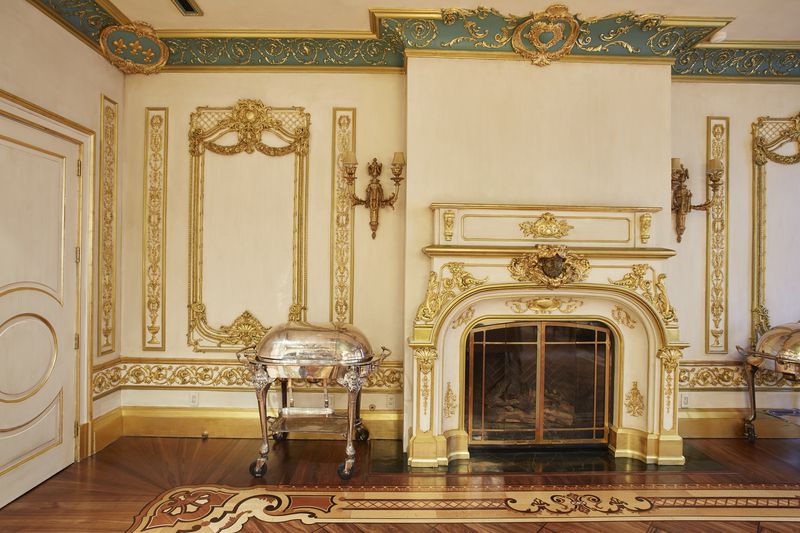 A wood-burning fireplace with golden wall decorations and hardwood floors.