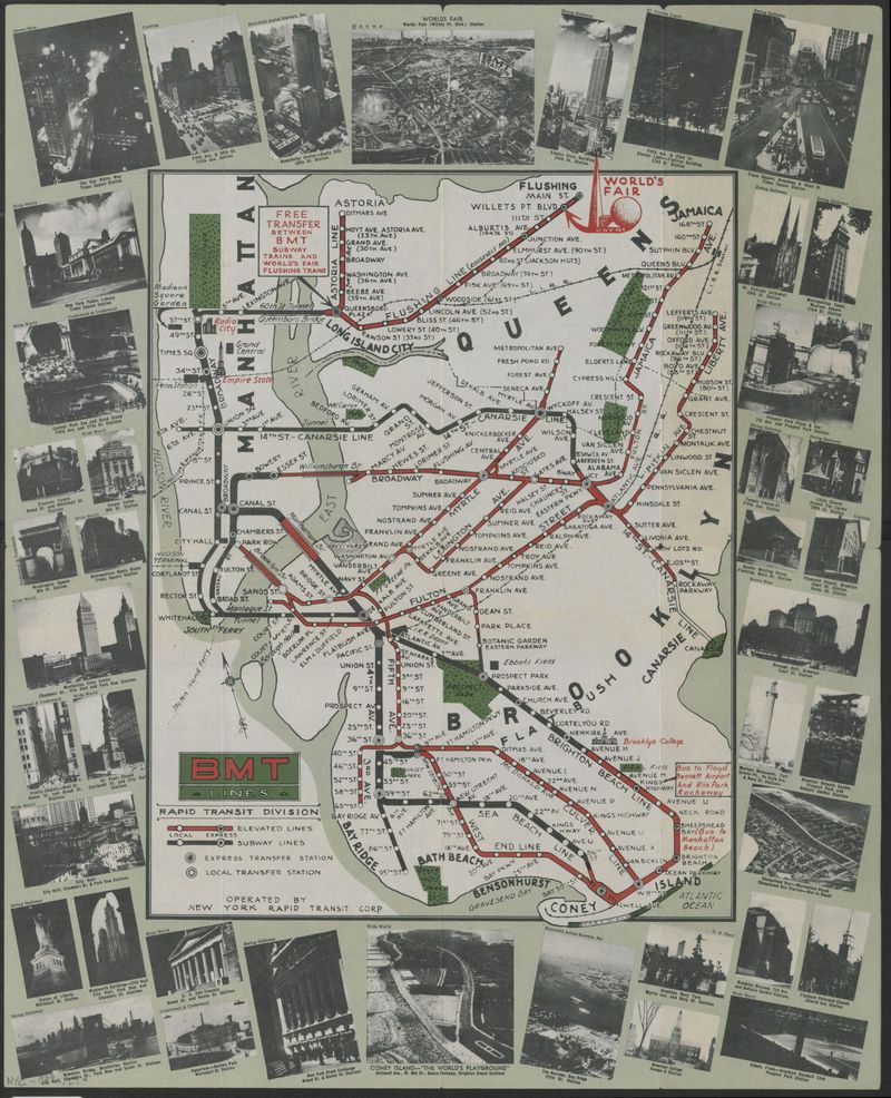 A busy red and green map of several subway routes snaking through Manhattan, Brooklyn and Queens in 1939. The map is surrounded by a border of black and white photographs of New York City landmarks.